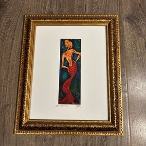 Elegant “Figure in Red Evening Gown” Signed Art Gold Framed 14”x17” 2004
